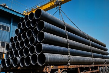 construction products on transport vehicles group of steel pipes for industrial materials construction engineering products equipment steel pipes metal warehouse industry delivery to customers