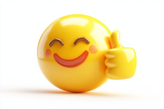 A yellow emoji with a thumbs up gesture and a happy smiling face on a white background surface view