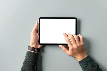 White Screen Tablet Person Using Blank Mockup Background Design Template  

