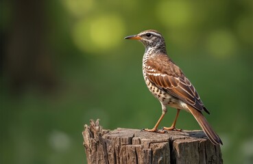 Fototapeta premium Song thrush Turdus philomelos perches on old tree stump. Bird with brown spotted plumage, orange legs. Songbird in natural environment. Ornithology fauna wildlife birdwatching.