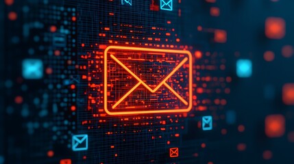 Digital Correspondence: Glowing Mail Icon on Abstract Network Background for Communication Technology Concepts.