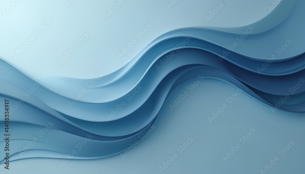 Poster abstract illustration of flowing blue curves on light blue background. gentle waves create harmoniou
