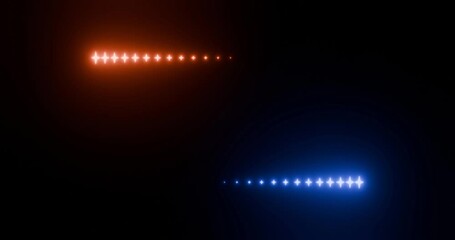 Abstract neon lights in star shapes follow paths above and below and bounce back and forth. Animation loop.