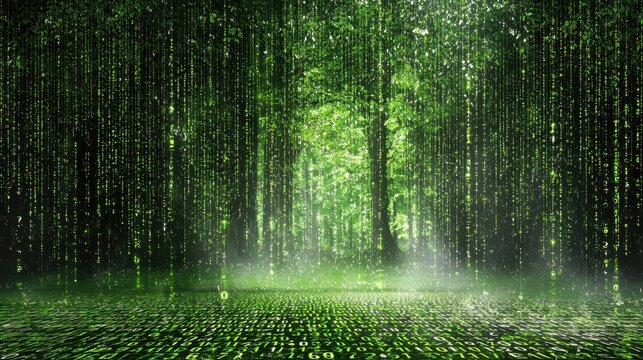 Enchanted forest of green tranquility blends with digital codes in an ethereal landscape