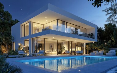 Fototapeta premium Luxury Modern Villa at Dusk: A Dream Home with Pool and Lush Landscaping