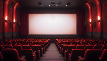 Fototapeta premium An empty modern cinema theater featuring comfortable red seats with an illuminated screen, evoking memories of the excitement and anticipation of movie experiences.