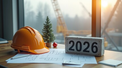 Construction helmet with a calendar and festive decoration on desk  