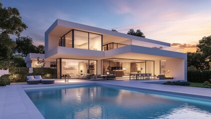 Fototapeta premium Luxury Modern Villa at Sunset with Infinity Pool