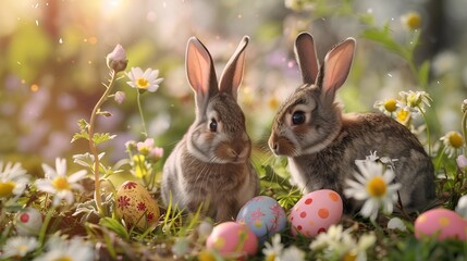 Two rabbits amidst blooming flowers and colorful Easter eggs in lush meadow.