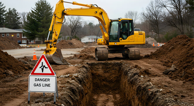 Cautionary Excavation Site With Heavy Machinery And Visible Gas Line Warning