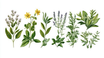 A collection of various culinary herbs and flowers.
