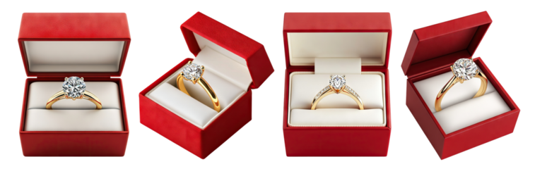 Set of engagement rings in red jewelry boxes, isolated on transparent cutout background