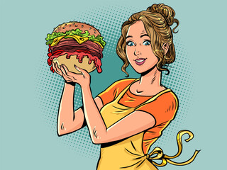 Fast food promotion advertising. Woman with burger in her hands. Hot food delivery promotion.