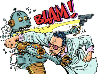 Competition for jobs between humans and AI. Man beats robot with gun. Rebellion of machines against humanity.