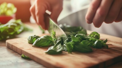 Chef chopping fresh herbs on a wooden board. Featuring technique and freshness