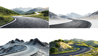Set of curved mountain roads with scenic views, isolated on transparent cutout background