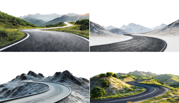 Set of curved mountain roads with scenic views, isolated on transparent cutout background