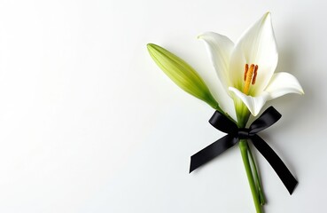 White lily flower with black ribbon bow on white background. Funeral symbol. Funeral ceremony decoration. Memorial, mourning and grieving concept. Simple design, copy space for text. Top view.
