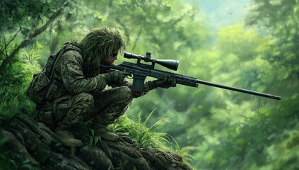 Camouflaged Sniper in Lush Jungle