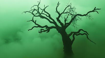 A haunting silhouette of a twisted, leafless tree against a foggy green background.