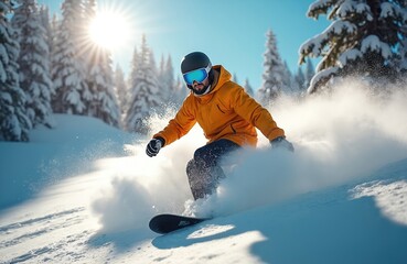 Snowboarder rides down snowy mountain slope. Athlete wears helmet goggles orange jacket enjoying winter sport activity. Extreme recreation in alpine landscape. Sunny blue sky. Active lifestyle,