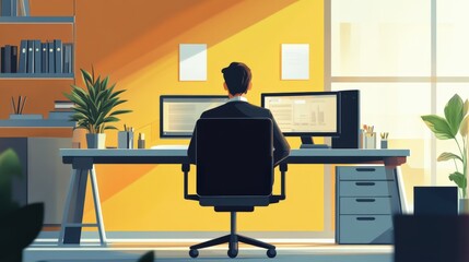 Fototapeta premium A person working at a modern home office desk in a bright yellow room.
