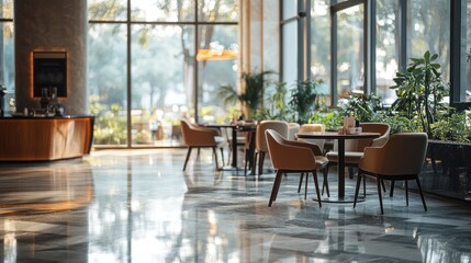 Obraz premium Modern Cafe Interior Design: Sunlight Streaming Through Large Windows, Elegant Seating Arrangement