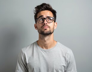 Obraz premium Attractive man wearing glasses looks upwards with a contemplative expression. Young male has a thoughtful face expression, is isolated on grey background, studio shot. Student thinks about plans.