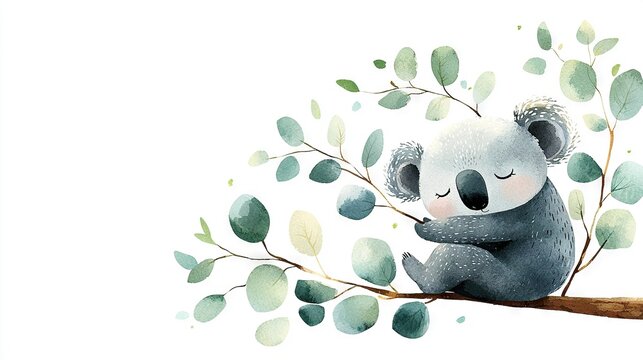  A watercolor painting of a koala bear sitting on a tree branch with eyes closed