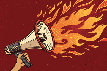 A fiery megaphone engulfed in flames, symbolizing political outrage and heated rhetoric.