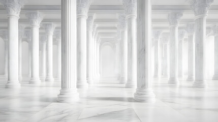Fototapeta premium A grand, ethereal hall with intricately designed white marble columns, creating a serene and majestic atmosphere.