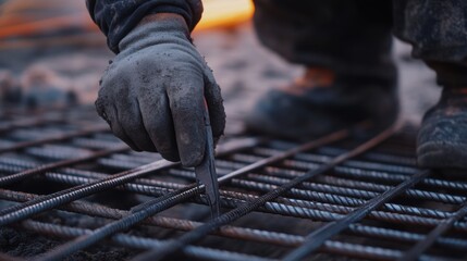 Concrete reinforcement worker tying steel rebar grids. Featuring strength and precision