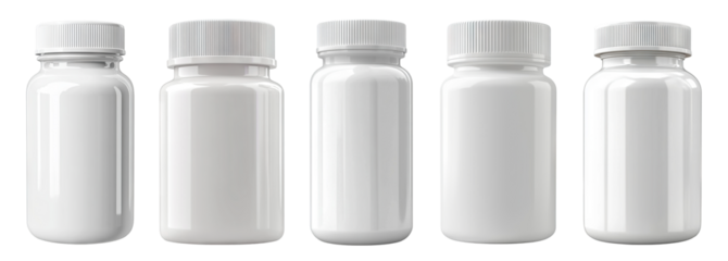 Set of blank white plastic pill bottles, isolated on transparent cutout background
