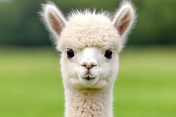 Obraz premium Baby alpaca gazes shyly at the camera in a lush green pasture on a sunny day