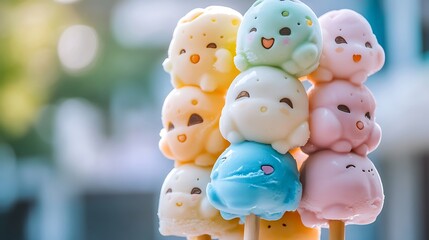 A stack of ice cream scoops shaped like cute animals in a playful park setting 