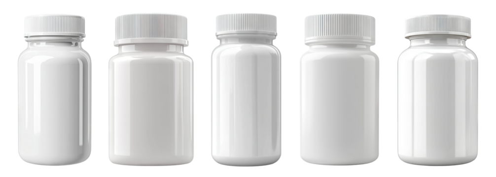 Set of blank white plastic pill bottles, isolated on transparent cutout background
