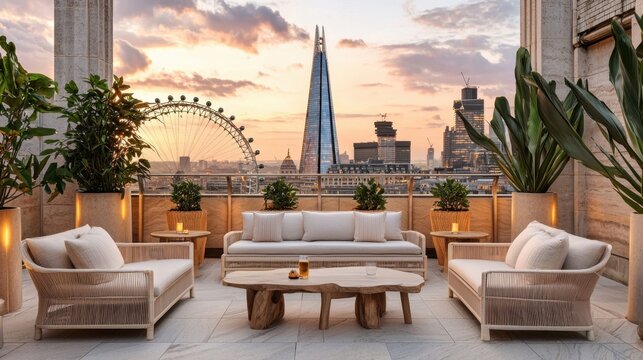 Elegant rooftop terrace with stunning city skyline view at sunset in London