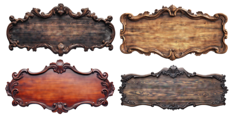 Set of ornate vintage wooden signboards with intricate carved details, isolated on transparent cutout background