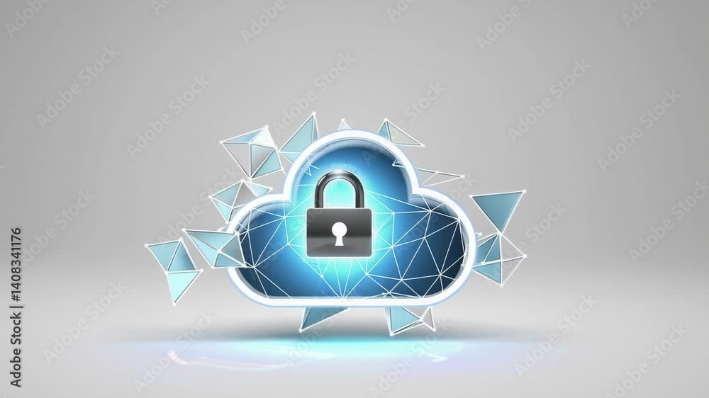 Poster Cloud computing security concept animation featuring a blue cloud with a padlock inside, surrounded by glowing triangles, symbolizing data protection and encryption in cyberspace