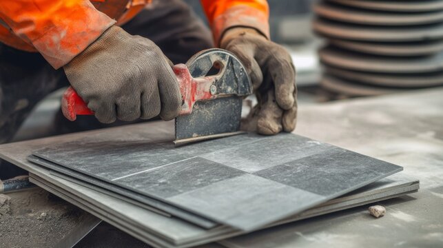 A construction worker cutting tiles for a bathroom installation at a site. Featuring precision and craftsmanship