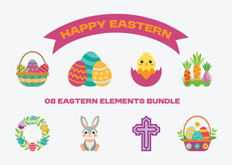 A bundle of happy easter elements isolated on white background