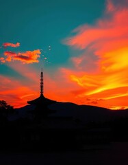 Obraz premium Silhouetted Japanese temple against vibrant sunset sky, white background, aesthetic, architecture, graphic