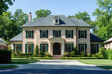 A grand, brick colonial-style house with a slate roof, green shutters, and manicured landscaping.