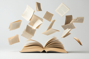 Floating pages from an open book create a captivating visual representation of storytelling and imagination