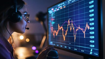 A woman hosts a podcast analyzing current market trends and stock chart patterns. - Powered by Adobe