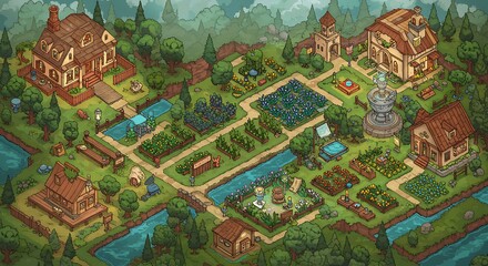 Fototapeta premium Isometric Village Illustration with Houses, Gardens and Streams