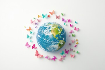Colorful butterflies encircle a globe, symbolizing environmental protection and the beauty of our planet.