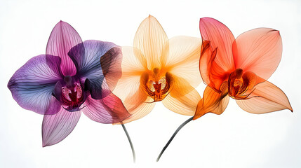Obraz na płótnie Canvas Three translucent orchids in vibrant hues.