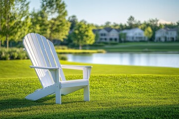 A white Adirondack chair sits on a lush green lawn overlooking a tranquil lake and houses in the background.