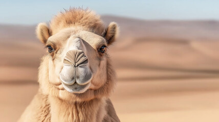 Obraz premium Camel face filling frame with sandy beige tones, highlighting textured fur against desert landscape background